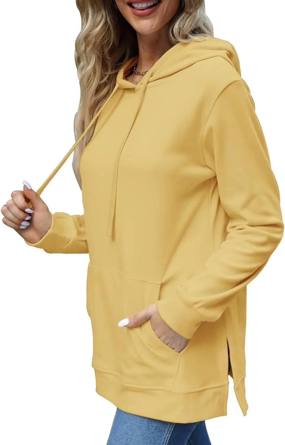 Beimuc Hoodies for Women Fashion Split Hem Drawstring Casual Long Sleeve Sweatshirts Tops with Pockets