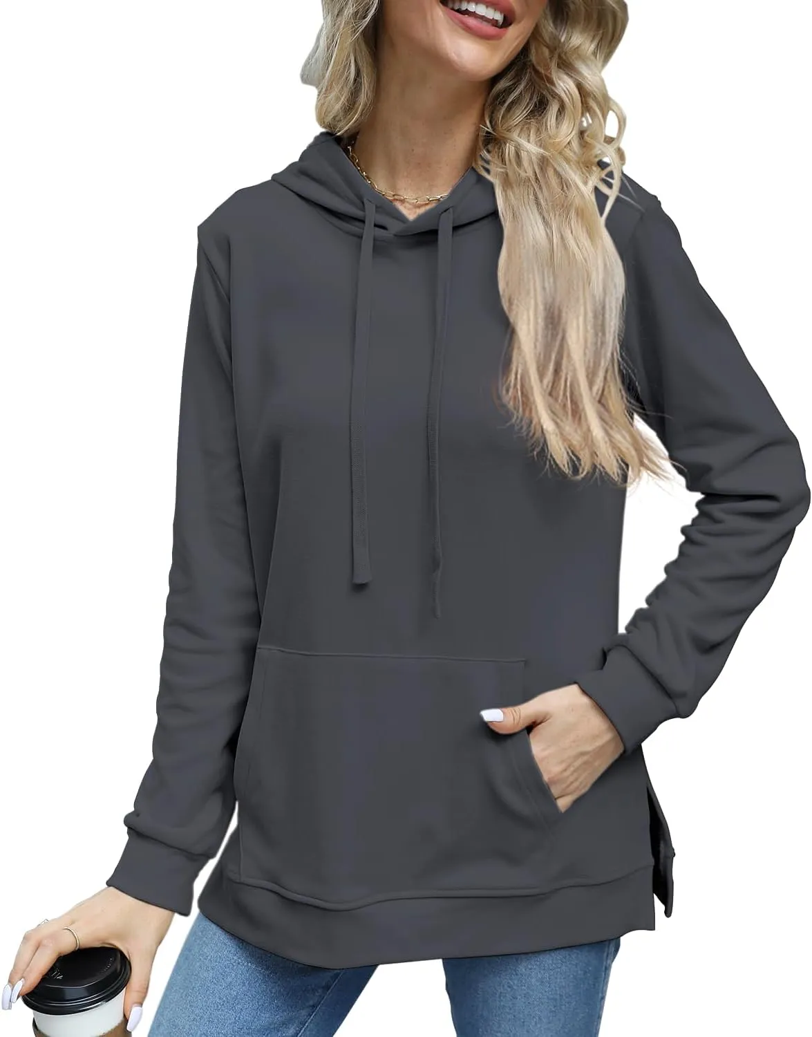 Beimuc Hoodies for Women Fashion Split Hem Drawstring Casual Long Sleeve Sweatshirts Tops with Pockets