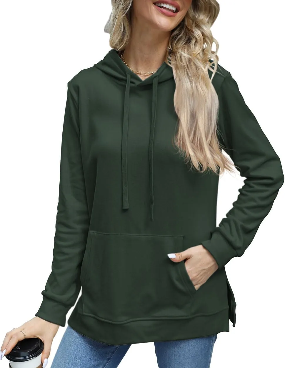 Beimuc Hoodies for Women Fashion Split Hem Drawstring Casual Long Sleeve Sweatshirts Tops with Pockets