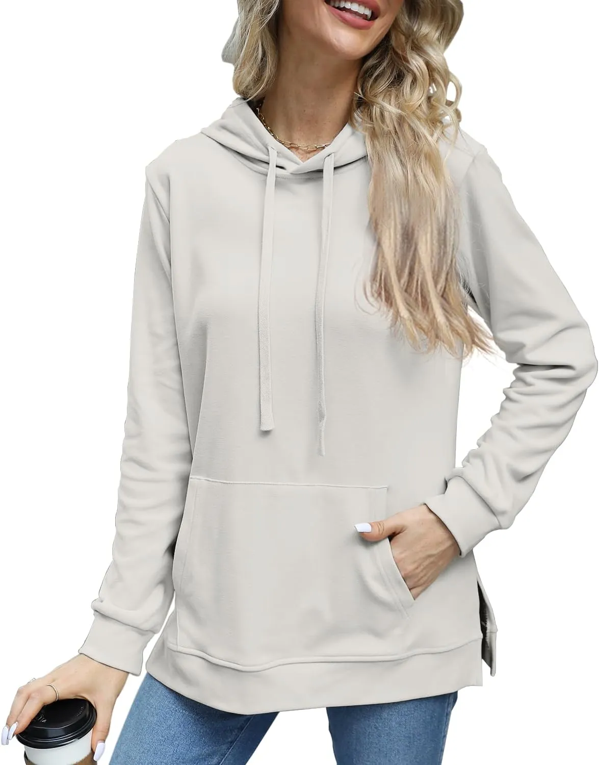 Beimuc Hoodies for Women Fashion Split Hem Drawstring Casual Long Sleeve Sweatshirts Tops with Pockets