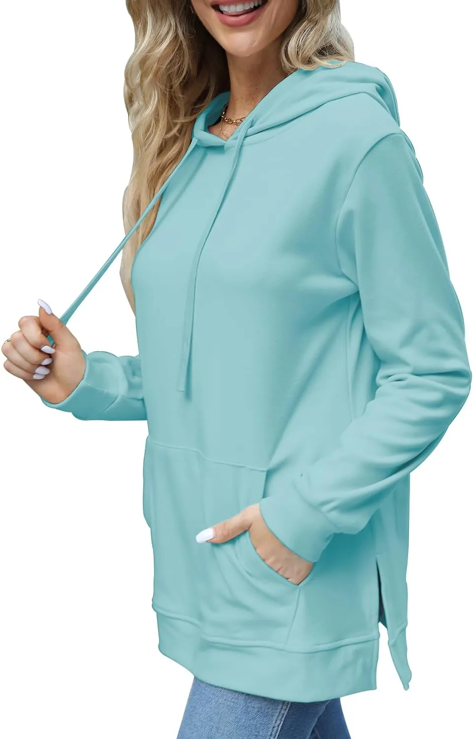 Beimuc Hoodies for Women Fashion Split Hem Drawstring Casual Long Sleeve Sweatshirts Tops with Pockets