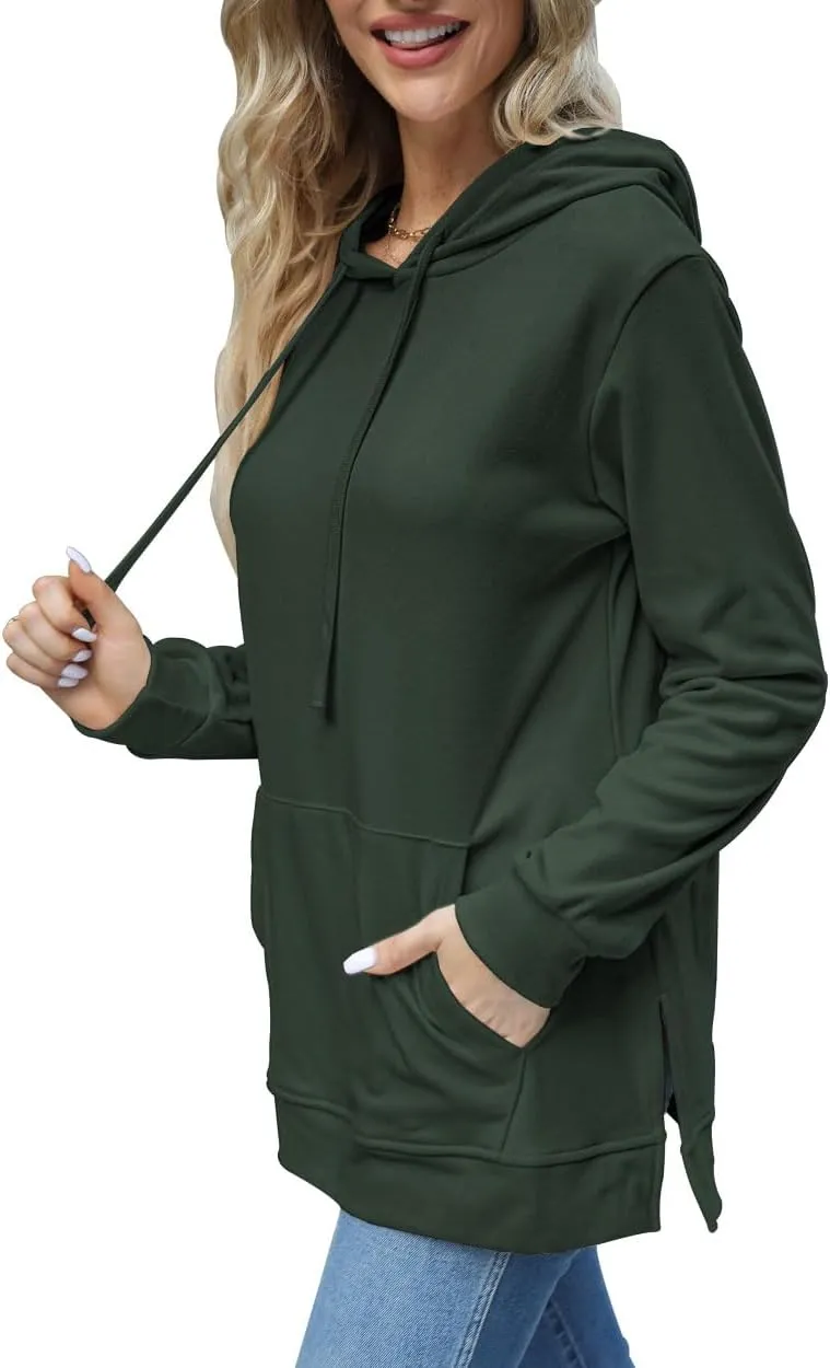 Beimuc Hoodies for Women Fashion Split Hem Drawstring Casual Long Sleeve Sweatshirts Tops with Pockets