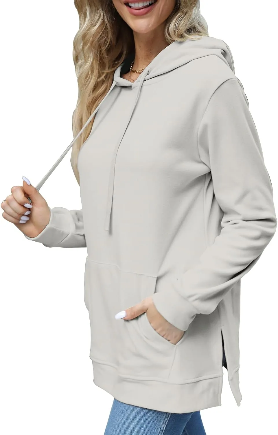 Beimuc Hoodies for Women Fashion Split Hem Drawstring Casual Long Sleeve Sweatshirts Tops with Pockets
