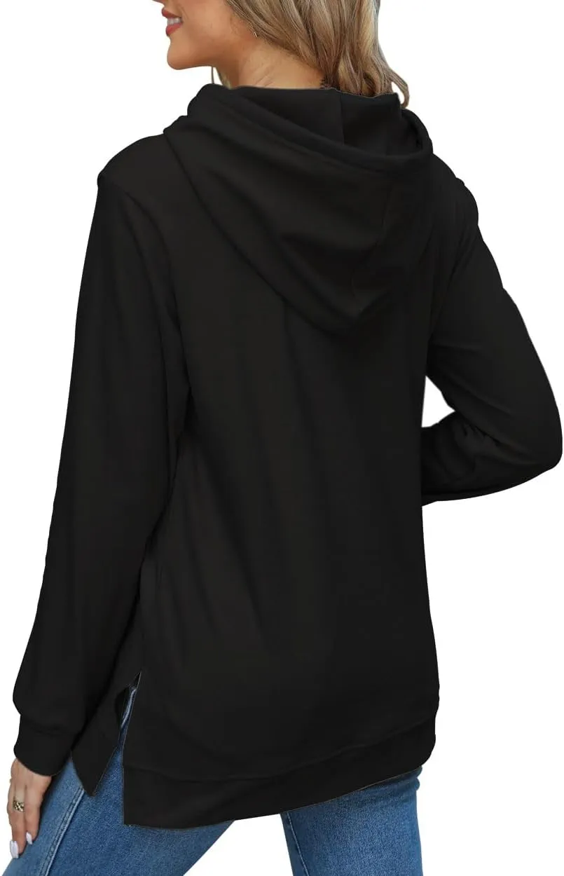 Beimuc Hoodies for Women Fashion Split Hem Drawstring Casual Long Sleeve Sweatshirts Tops with Pockets