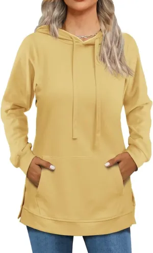 Beimuc Hoodies for Women Fashion Split Hem Drawstring Casual Long Sleeve Sweatshirts Tops with Pockets