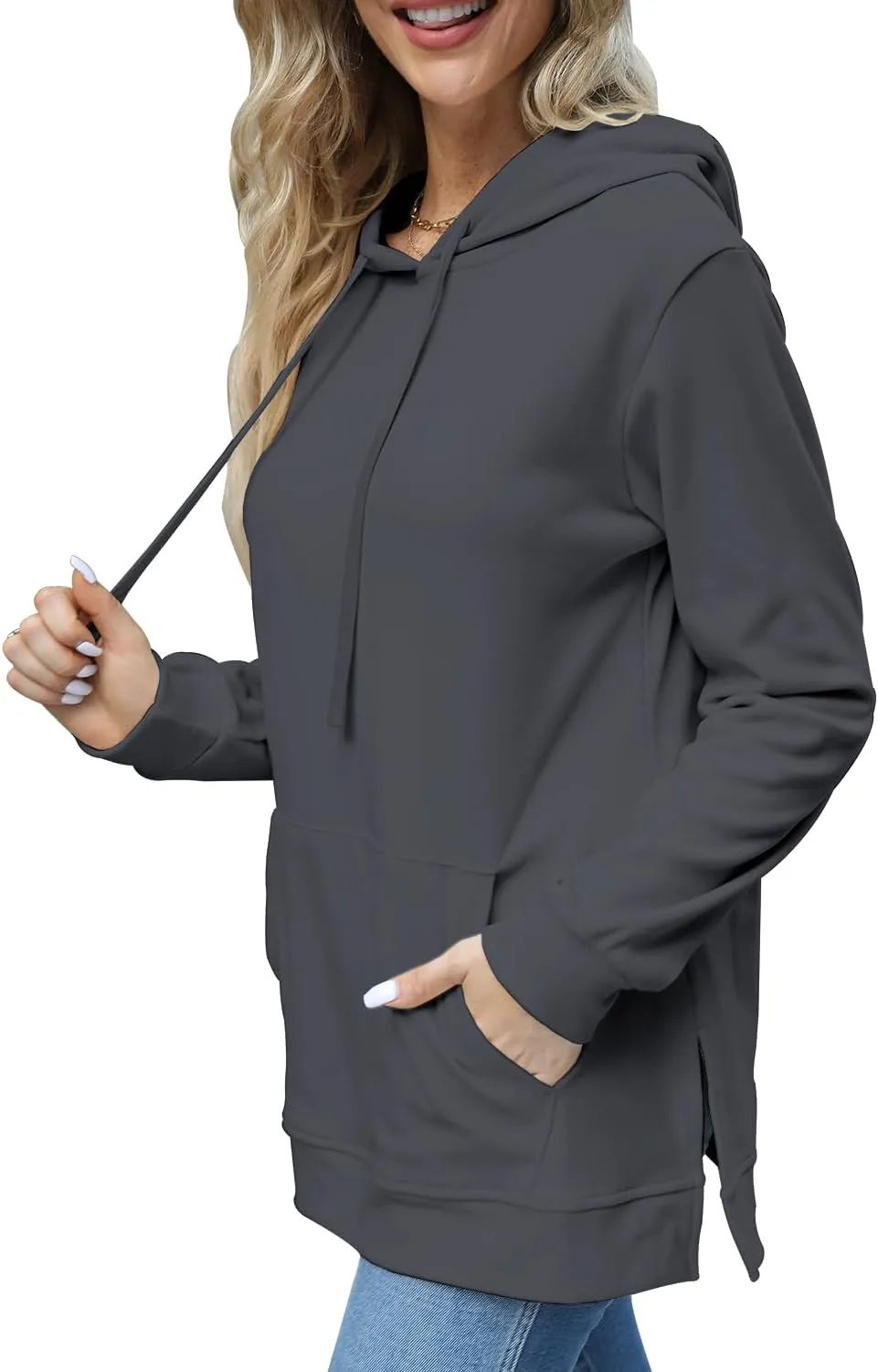 Beimuc Hoodies for Women Fashion Split Hem Drawstring Casual Long Sleeve Sweatshirts Tops with Pockets