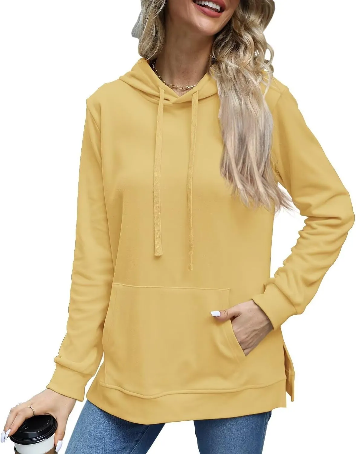 Beimuc Hoodies for Women Fashion Split Hem Drawstring Casual Long Sleeve Sweatshirts Tops with Pockets
