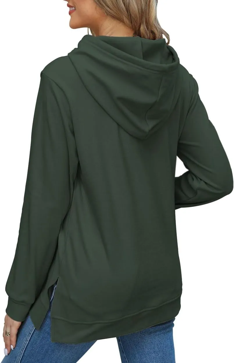 Beimuc Hoodies for Women Fashion Split Hem Drawstring Casual Long Sleeve Sweatshirts Tops with Pockets