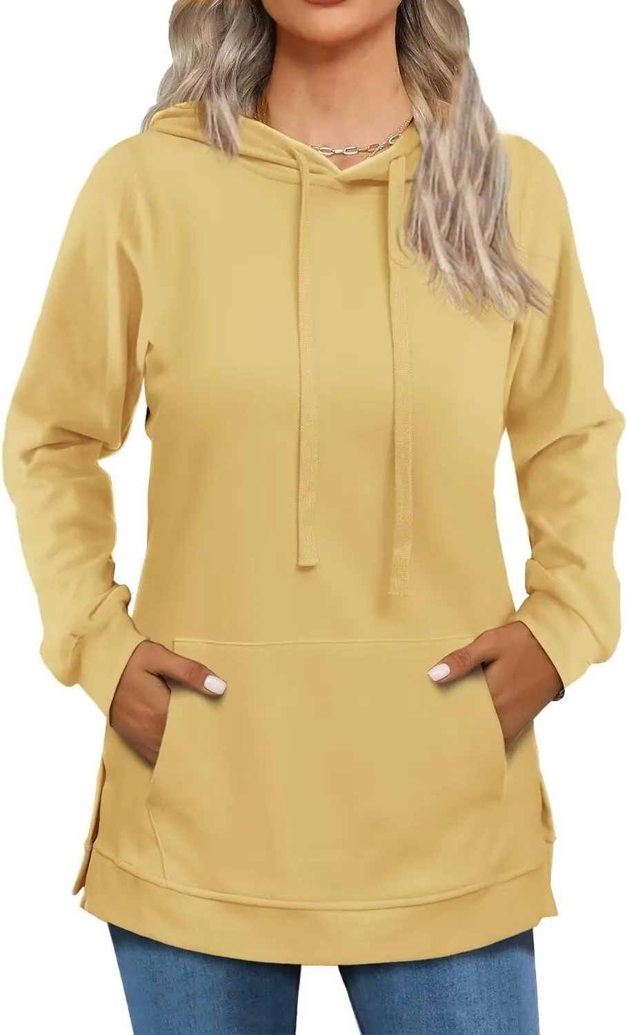 Beimuc Hoodies for Women Fashion Split Hem Drawstring Casual Long Sleeve Sweatshirts Tops with Pockets