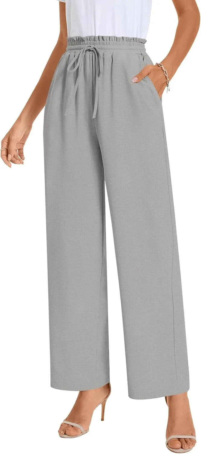Bestbee 2025 Spring Business Casual Pants for Women, Loose Fit Long Trousers High Waist Waffle Knit Sweatpants with Pockets