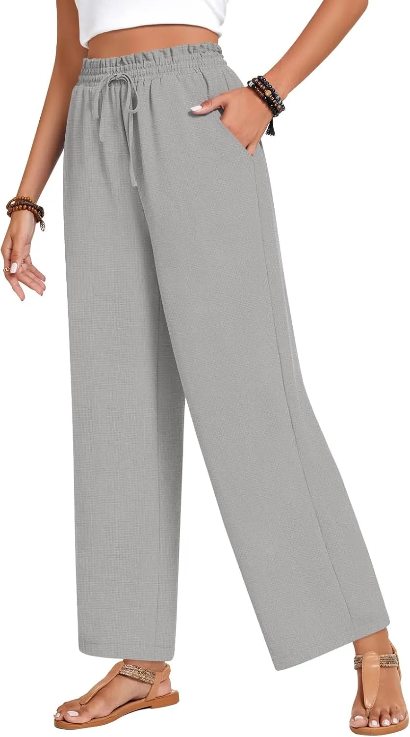 Bestbee 2025 Spring Business Casual Pants for Women, Loose Fit Long Trousers High Waist Waffle Knit Sweatpants with Pockets
