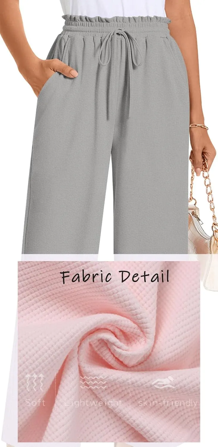 Bestbee 2025 Spring Business Casual Pants for Women, Loose Fit Long Trousers High Waist Waffle Knit Sweatpants with Pockets