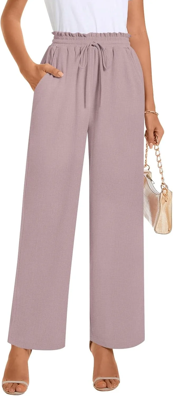 Bestbee Womens Business Casual Pants, Loose Fit Long Trousers 2025 Spring High Waist Waffle Knit Sweatpants with Pockets