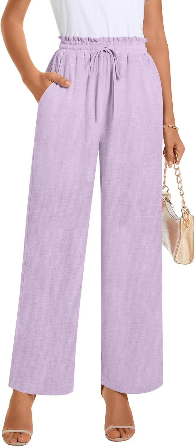 Bestbee Womens Business Casual Pants, Loose Fit Long Trousers 2025 Spring High Waist Waffle Knit Sweatpants with Pockets