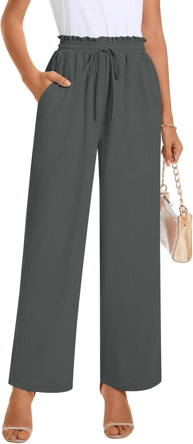 Bestbee Womens Business Casual Pants, Loose Fit Long Trousers 2025 Spring High Waist Waffle Knit Sweatpants with Pockets
