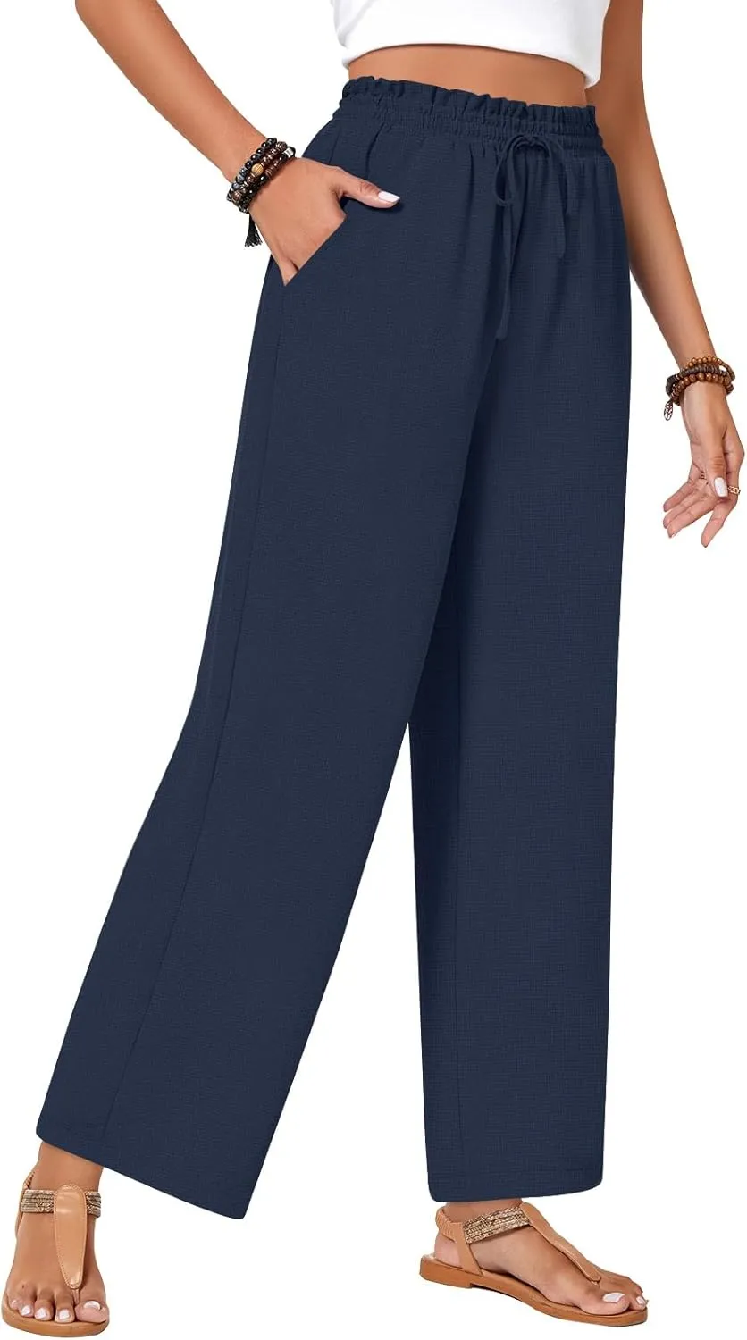 Bestbee Womens Business Casual Pants, Loose Fit Long Trousers 2025 Spring High Waist Waffle Knit Sweatpants with Pockets