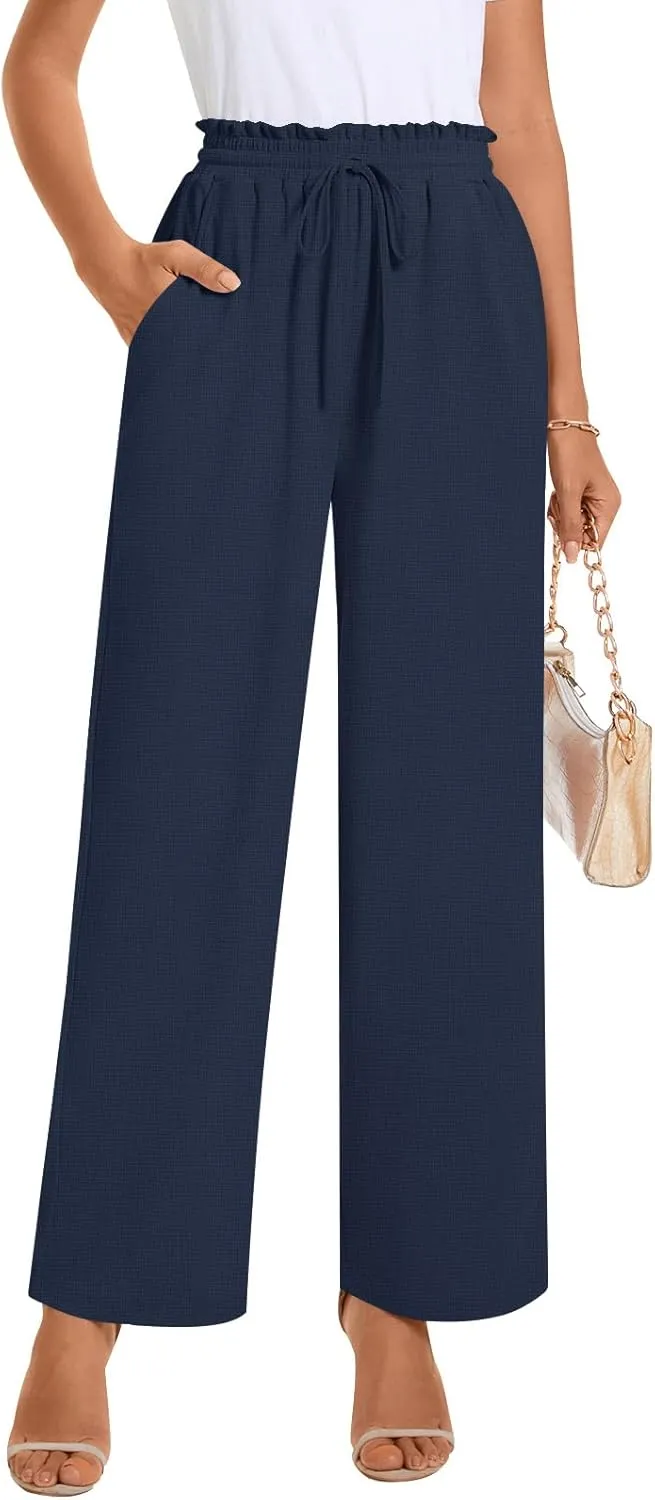 Bestbee Womens Business Casual Pants, Loose Fit Long Trousers 2025 Spring High Waist Waffle Knit Sweatpants with Pockets
