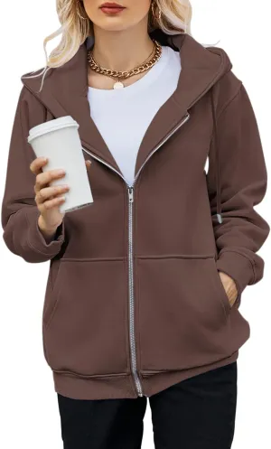 BEUFRI Women's Zip Up Hoodies Teen Girl Fall Jacket Oversized Sweatshirts Casual Drawstring Clothes Zip Up Hoodie with Pocke