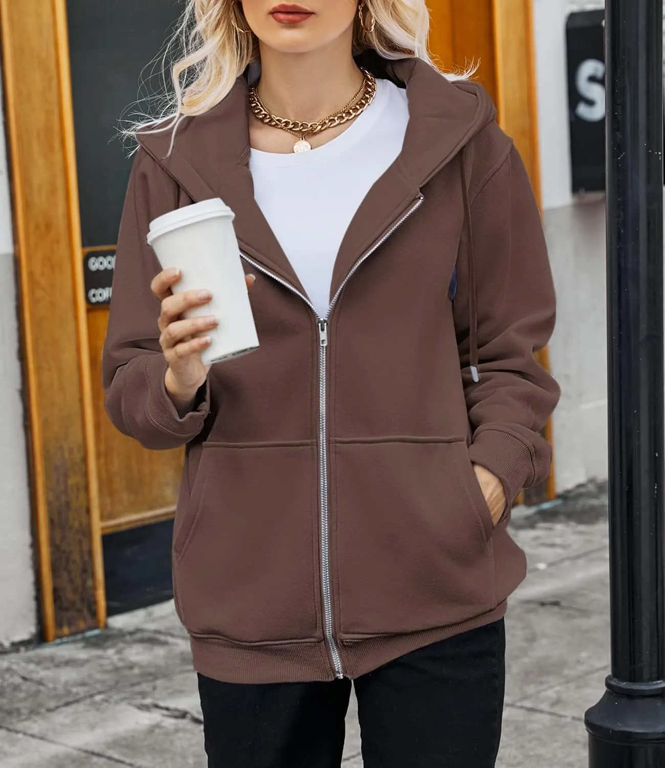 BEUFRI Women's Zip Up Hoodies Teen Girl Fall Jacket Oversized Sweatshirts Casual Drawstring Clothes Zip Up Hoodie with Pocke