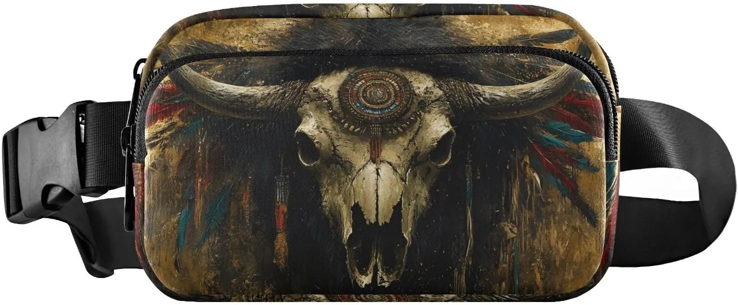 Bison Skull Indian Fanny Pack Water Resistant, Women Men Waist Pack Sling Bag Purse for Travel Hiking