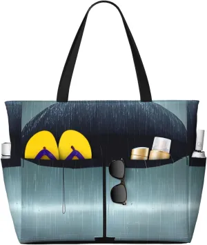 Black umbrella in rain Print 28L Beach Tote Bag, Water-resistant Travel Tote, Lightweight Gym & Camping Carryall