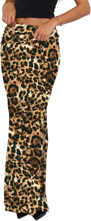 Bodycon Maxi Skirts for Women, Foldover High Waist Floral Leopard Cheetah Print Sexy Club Long Y2k Skirt