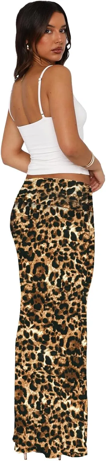 Bodycon Maxi Skirts for Women, Foldover High Waist Floral Leopard Cheetah Print Sexy Club Long Y2k Skirt