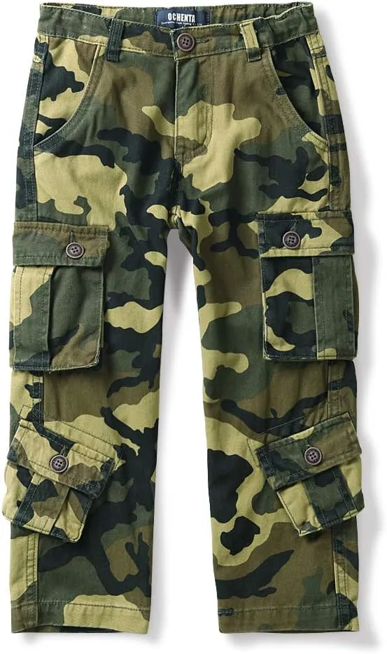 Boys' Camo Military Cargo Pants, 8 Pockets Casual Outdoor Scout Hiking Trousers
