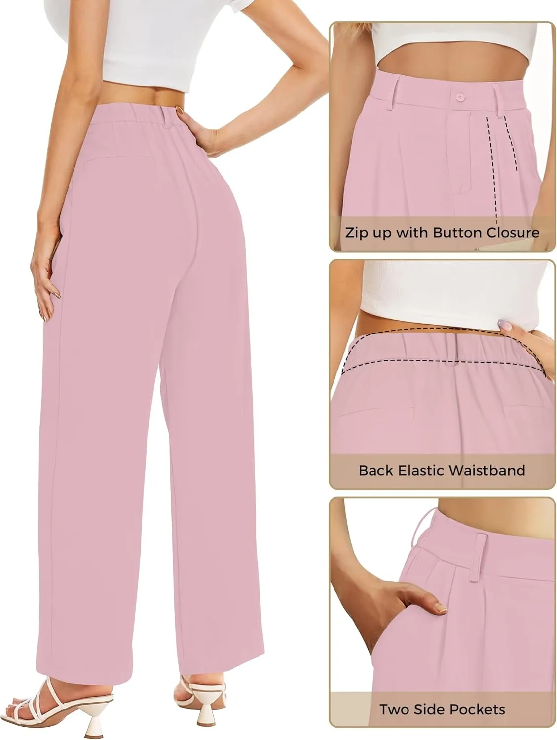 Buauty Womens Wide Leg Pants High Stretchy Waisted Dress Pants Business Casual Work Trousers Dressy Outfits with Pockets