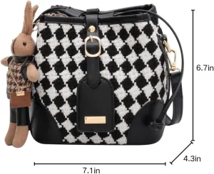 Bucket Bags for Women, Mini Bucket Tote Purses, Woven Checkered Vintage Crossbody with Bunny Charm, Shop Travel