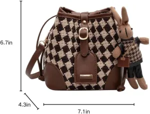 Bucket Bags for Women, Mini Bucket Tote Purses, Woven Checkered Vintage Crossbody with Bunny Charm, Shop Travel