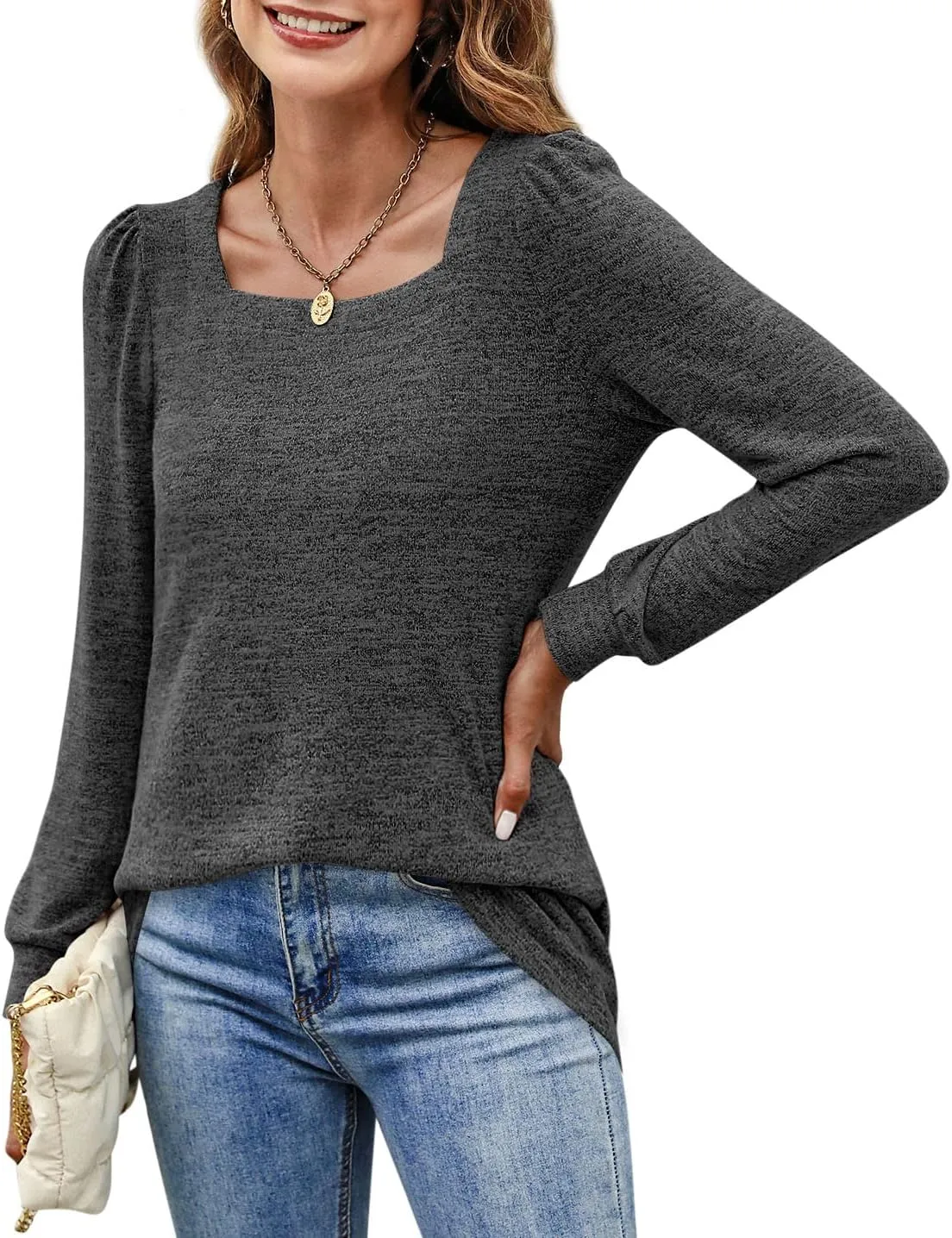 BZB Womens Tunic Tops for Leggings Square Neck Puff Sleeve Shirts Casual Fall Sweatshirts S-2XL