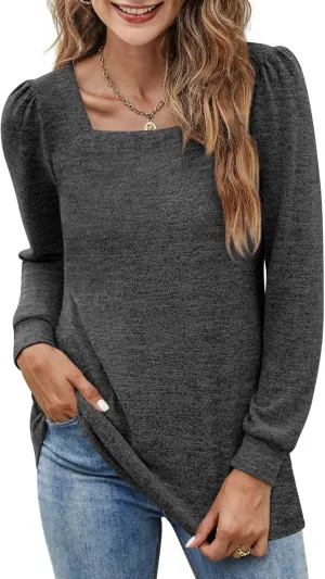 BZB Womens Tunic Tops for Leggings Square Neck Puff Sleeve Shirts Casual Fall Sweatshirts S-2XL