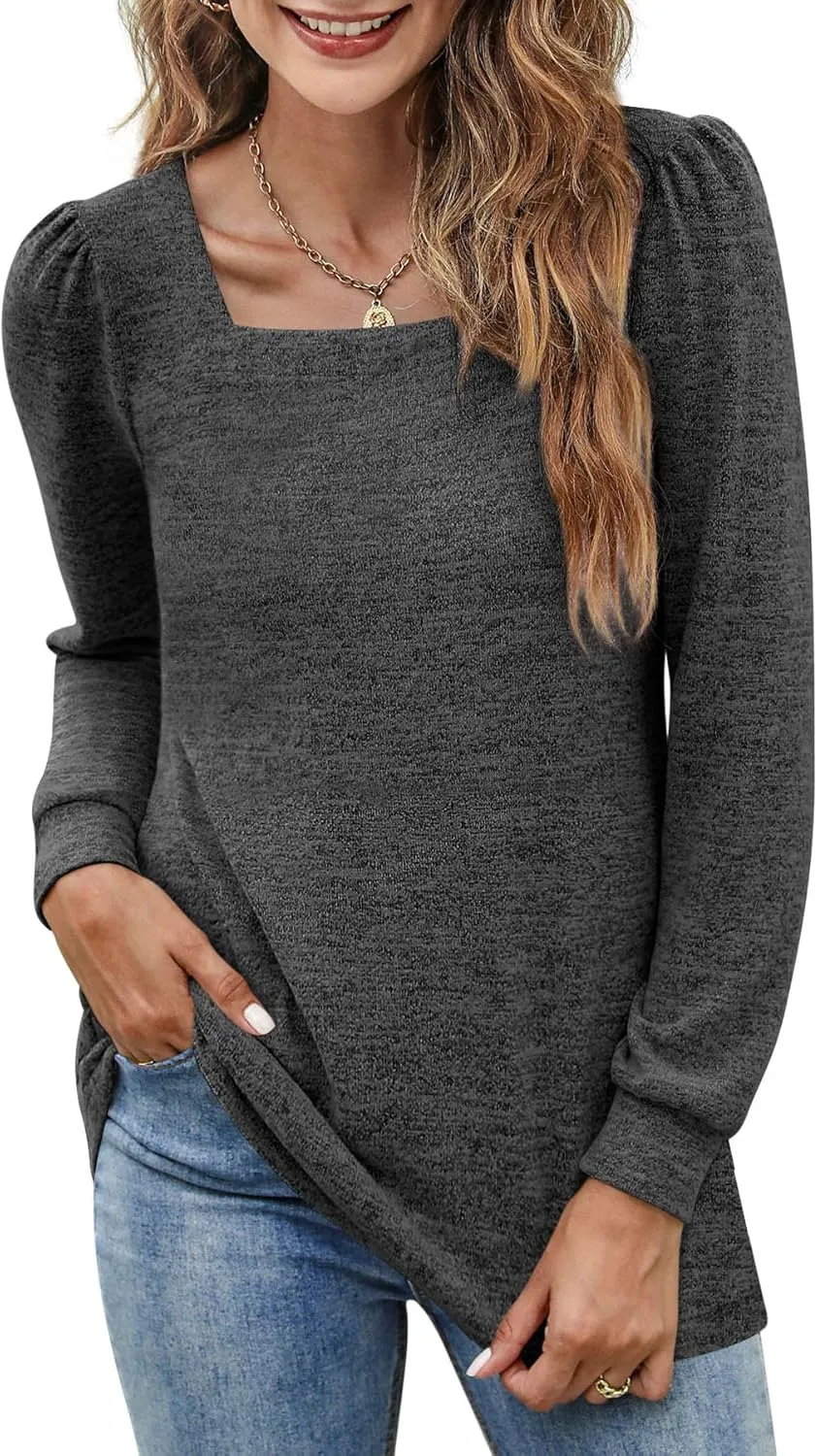 BZB Womens Tunic Tops for Leggings Square Neck Puff Sleeve Shirts Casual Fall Sweatshirts S-2XL