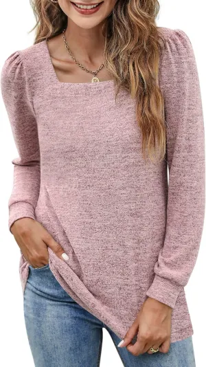 BZB Womens Tunic Tops for Leggings Square Neck Puff Sleeve Shirts Casual Fall Sweatshirts S-2XL