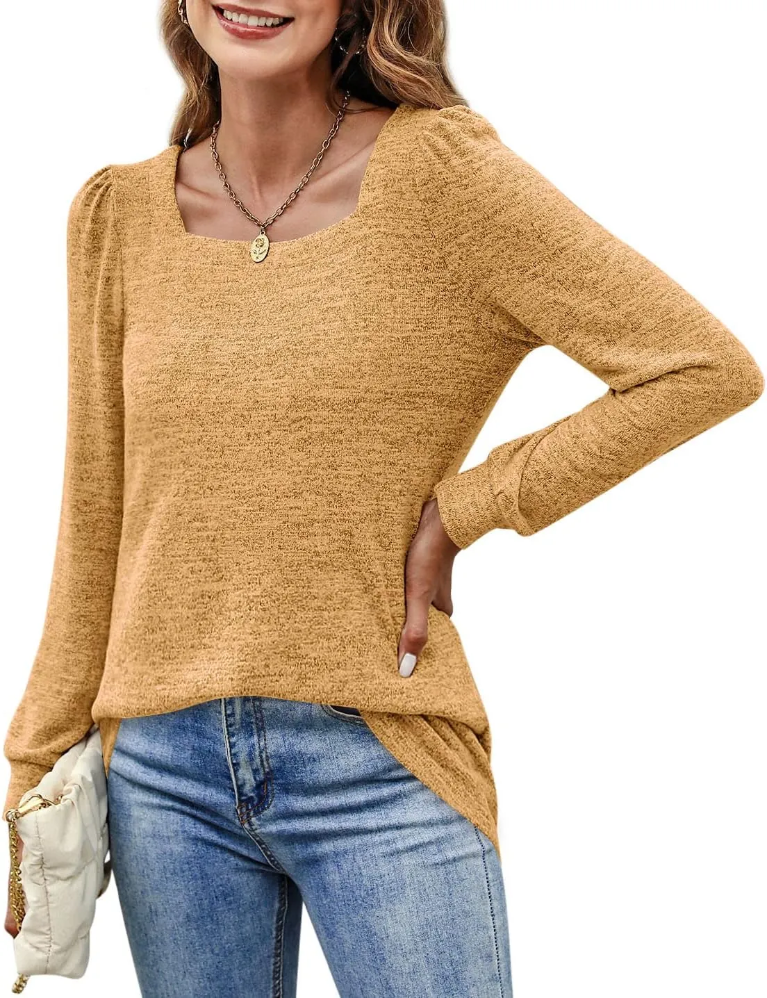 BZB Womens Tunic Tops for Leggings Square Neck Puff Sleeve Shirts Casual Fall Sweatshirts S-2XL