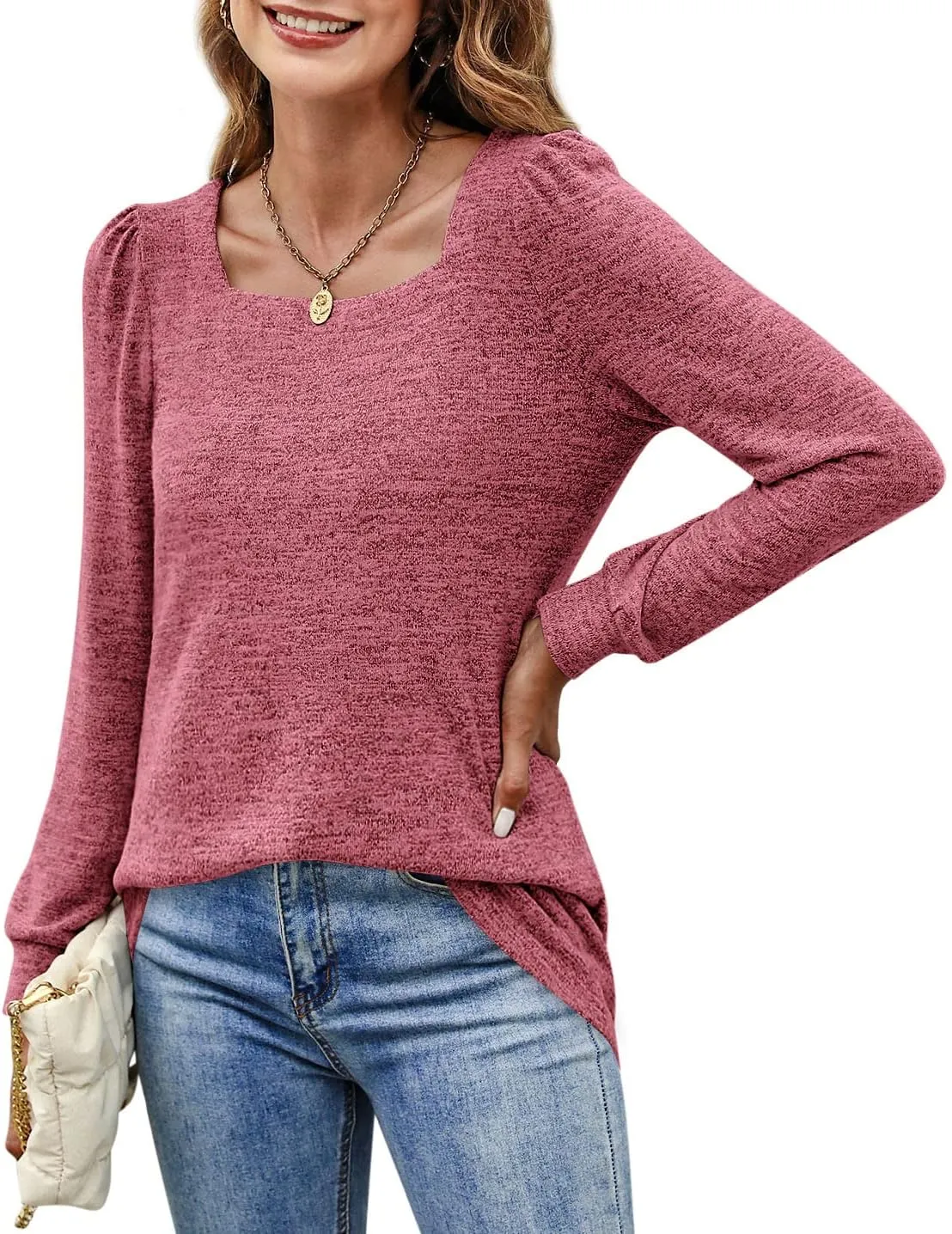 BZB Womens Tunic Tops for Leggings Square Neck Puff Sleeve Shirts Casual Fall Sweatshirts S-2XL