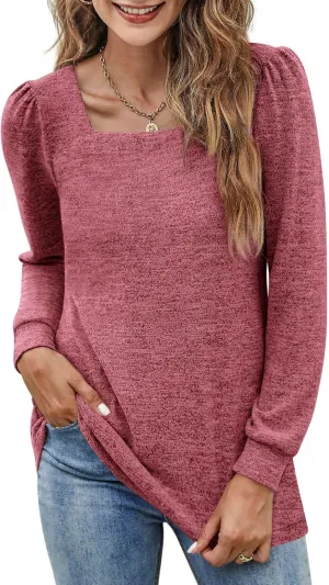 BZB Womens Tunic Tops for Leggings Square Neck Puff Sleeve Shirts Casual Fall Sweatshirts S-2XL