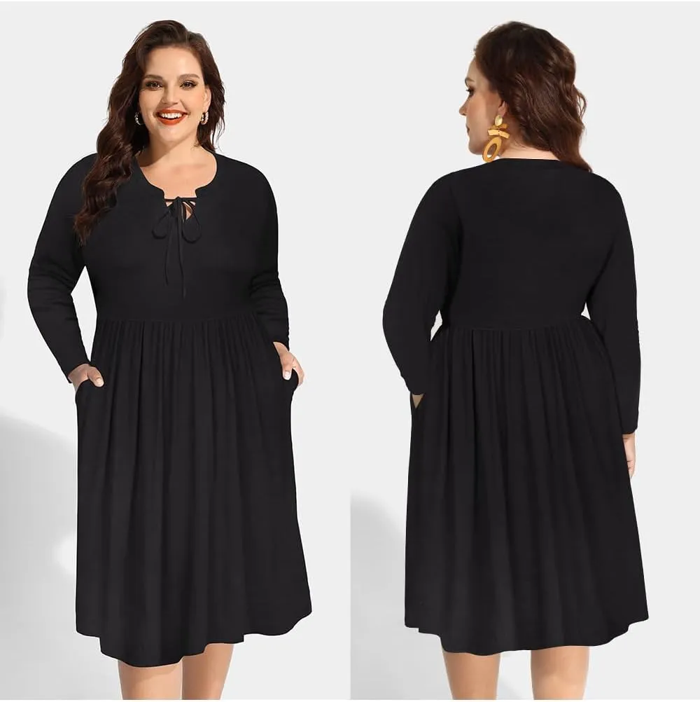 CARCOS Plus Size Dress for Women Tie V Neck Midi Dresses Long Sleeve Boho Dress Elastic High Waist Tunic Dress with Pockets