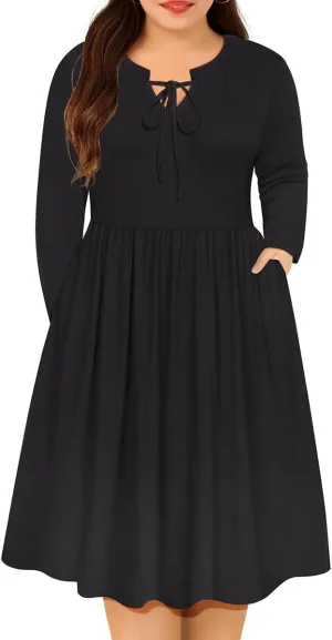 CARCOS Plus Size Dress for Women Tie V Neck Midi Dresses Long Sleeve Boho Dress Elastic High Waist Tunic Dress with Pockets