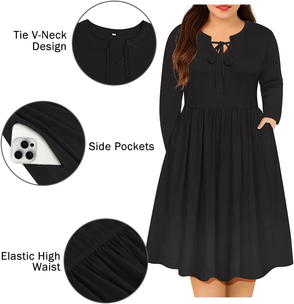 CARCOS Plus Size Dress for Women Tie V Neck Midi Dresses Long Sleeve Boho Dress Elastic High Waist Tunic Dress with Pockets