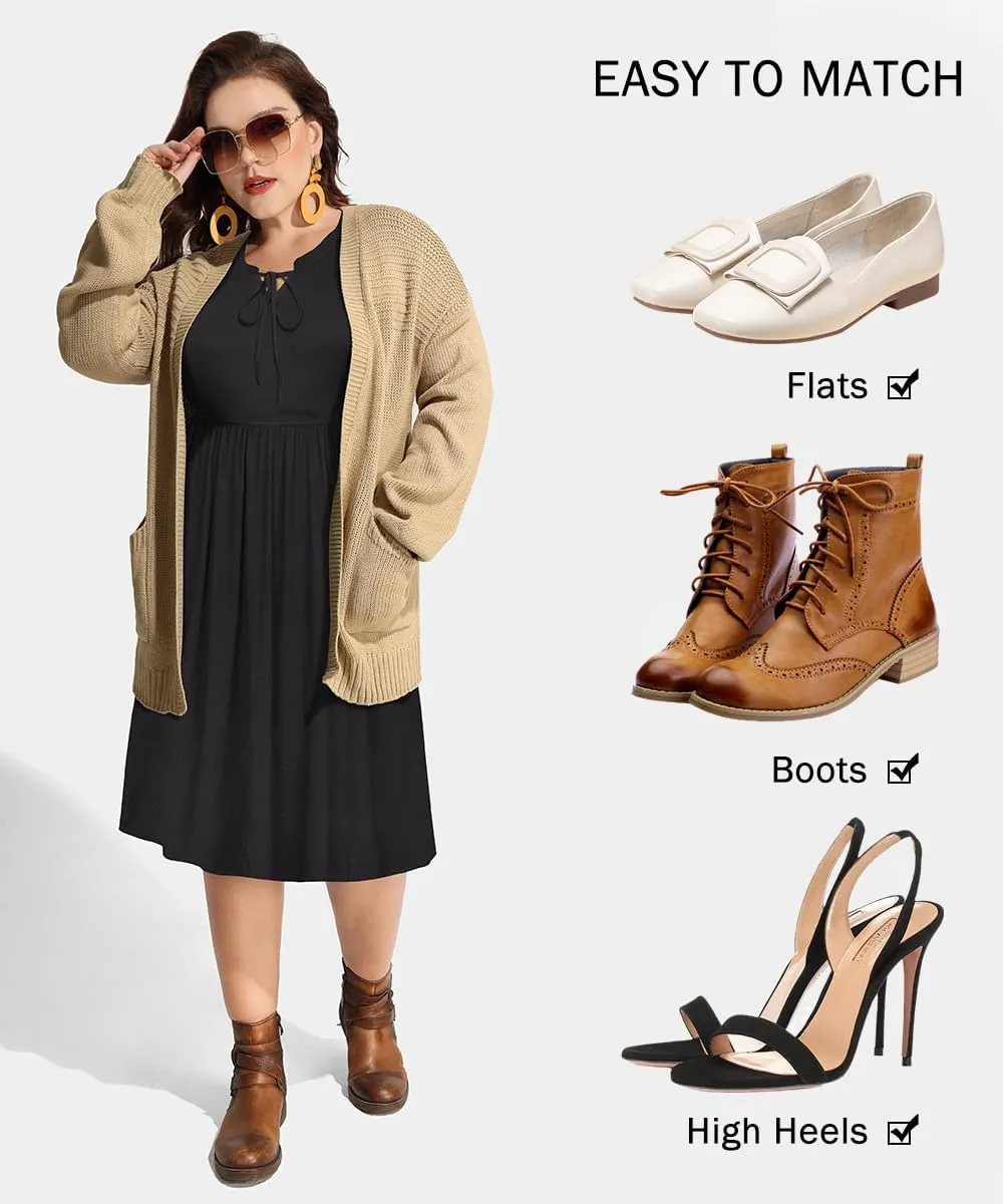 CARCOS Plus Size Dress for Women Tie V Neck Midi Dresses Long Sleeve Boho Dress Elastic High Waist Tunic Dress with Pockets