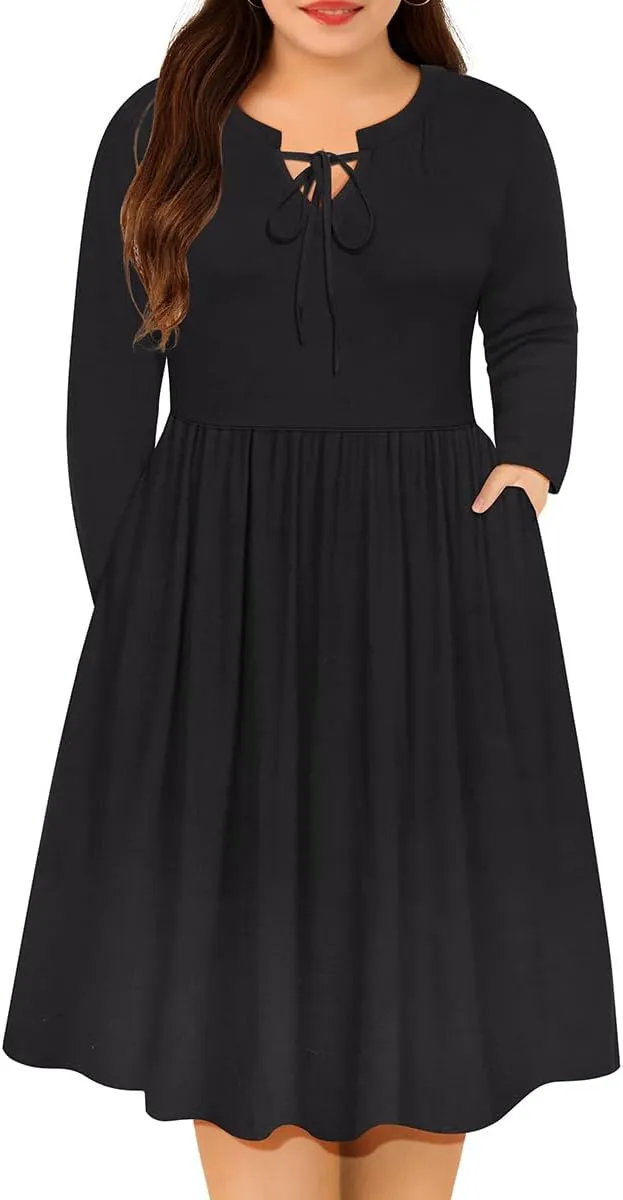 CARCOS Plus Size Dress for Women Tie V Neck Midi Dresses Long Sleeve Boho Dress Elastic High Waist Tunic Dress with Pockets