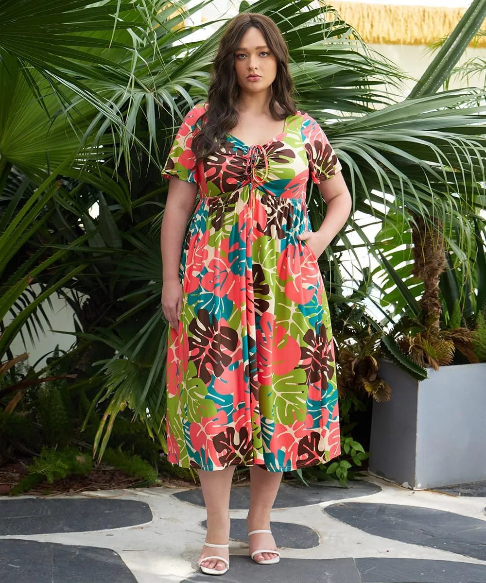 CARCOS Plus Size Dresses for Curvy Women Tie Sweetheart Neck Summer Maxi Dress Short Sleeve Empire Waist Floral Boho Dress
