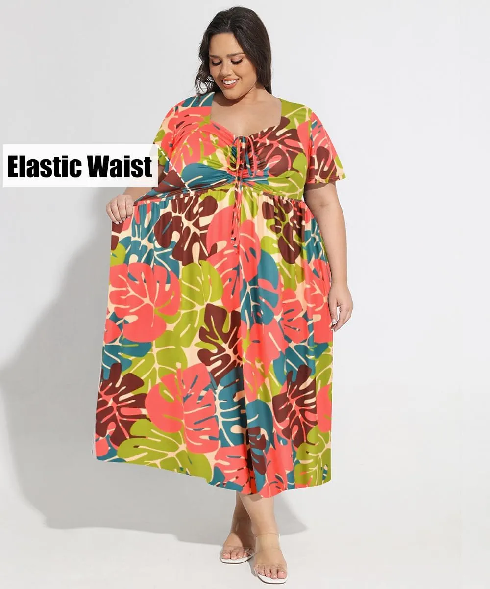 CARCOS Plus Size Dresses for Curvy Women Tie Sweetheart Neck Summer Maxi Dress Short Sleeve Empire Waist Floral Boho Dress