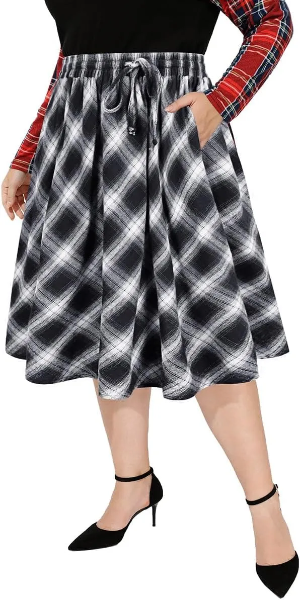 CARCOS Plus Size Midi/Mini Skirks for Women Solid/Star/Striped A Line Flowy High Waist Skirt XL-5XL