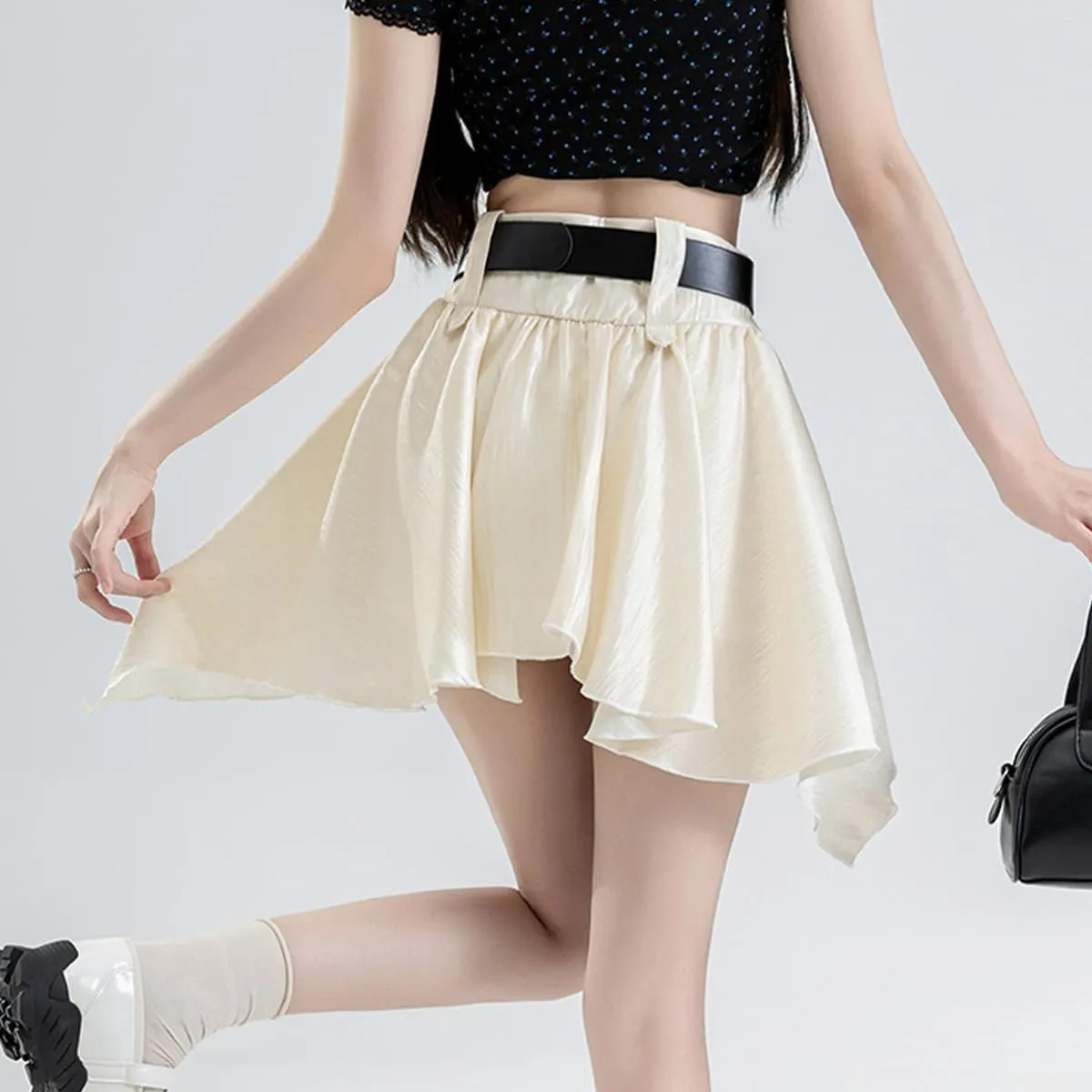 Casual Women's Mini Skirt Fashion Y2K High Waist A Line Irregular Pleated Hem Flowy Skirt with Lining