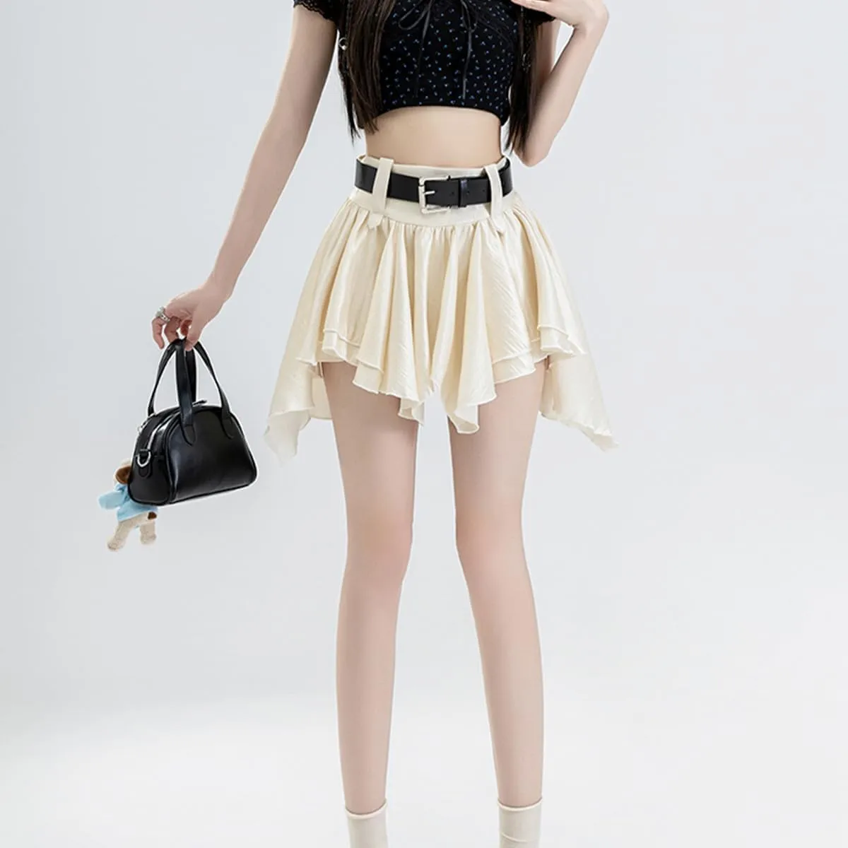 Casual Women's Mini Skirt Fashion Y2K High Waist A Line Irregular Pleated Hem Flowy Skirt with Lining