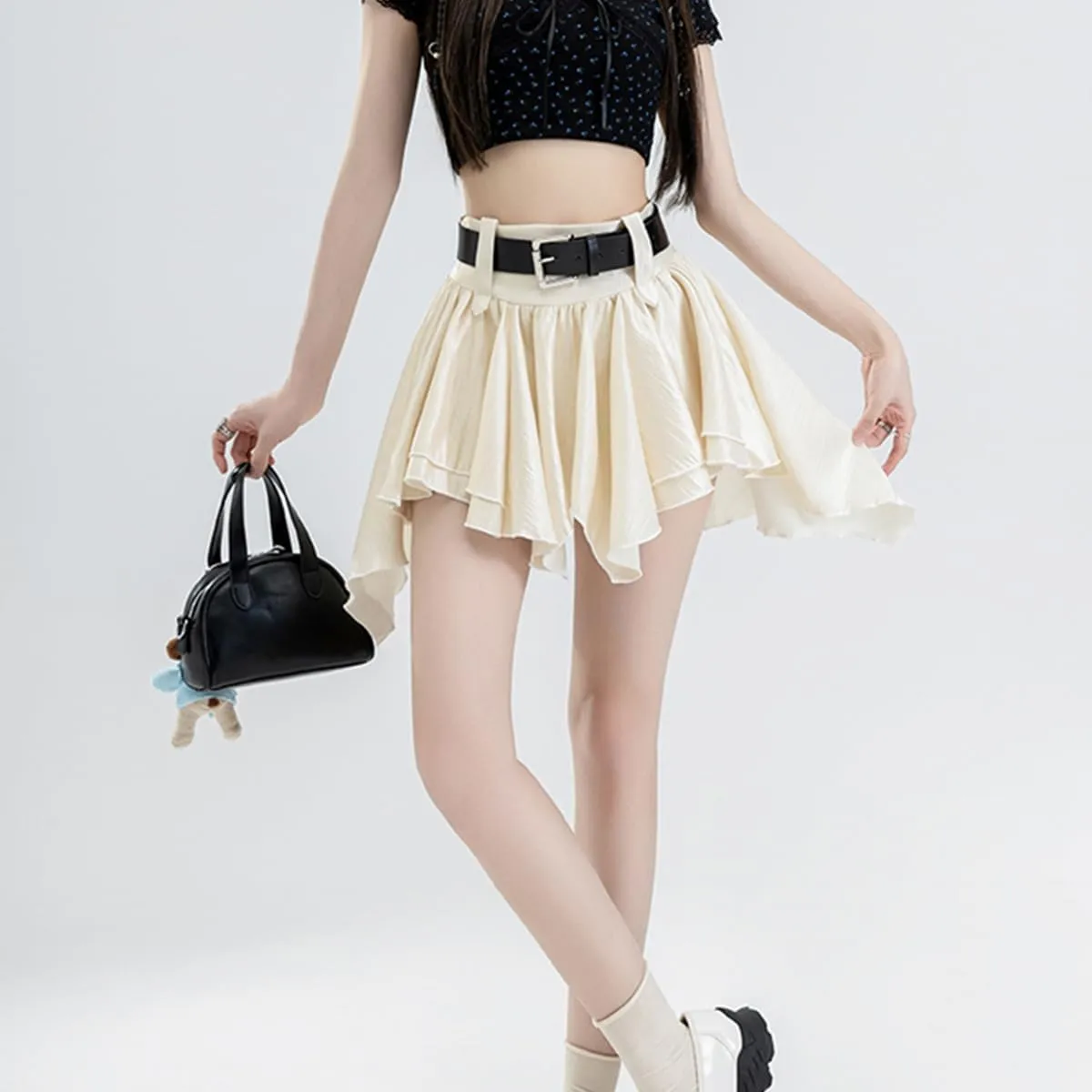 Casual Women's Mini Skirt Fashion Y2K High Waist A Line Irregular Pleated Hem Flowy Skirt with Lining