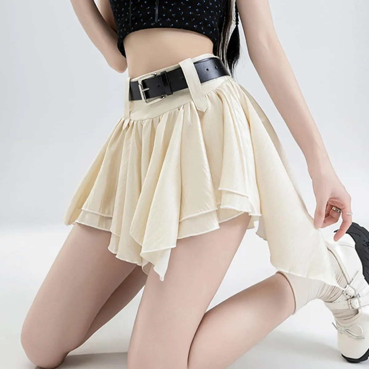 Casual Women's Mini Skirt Fashion Y2K High Waist A Line Irregular Pleated Hem Flowy Skirt with Lining